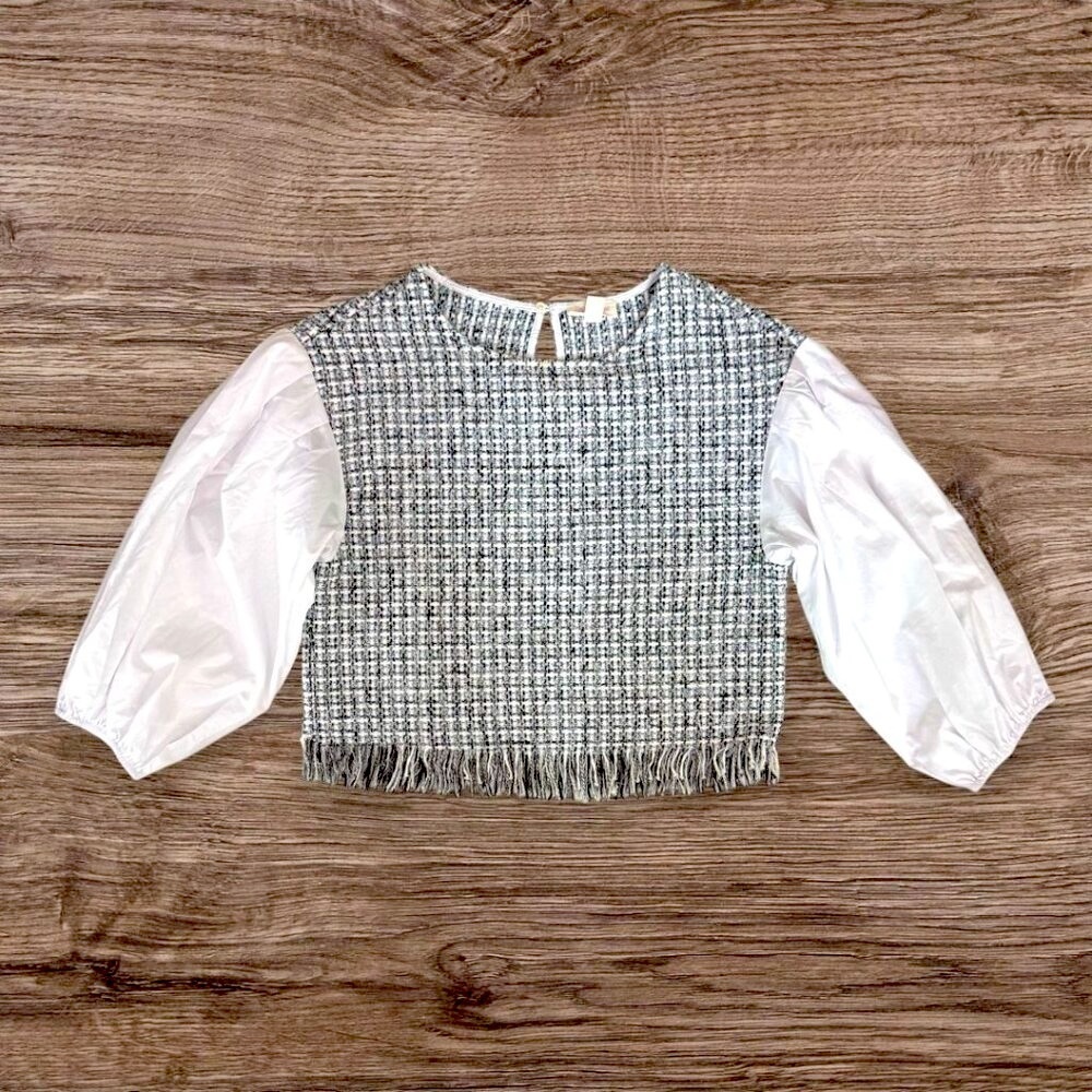 RILEY & RAE Gray Light Blue White Black Tweed Drop Puff Sleeve Blouse Women's XS